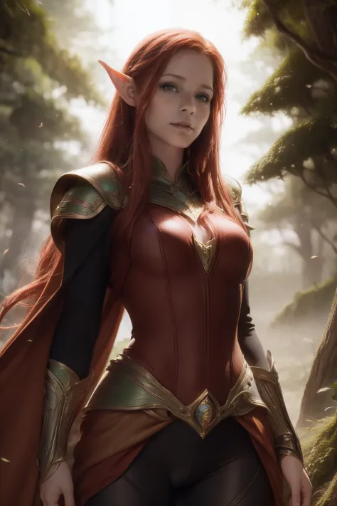 Fantasy, medieval, ((best quality)), ((masterpiece)), (detailed), perfect face, beautiful sexy elf, standing, heroic pose, redhe...