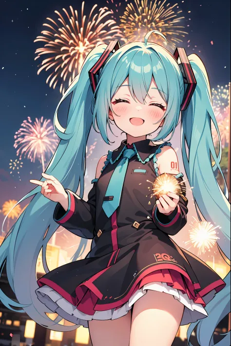 Square, year-end countdown, fireworks event, Hatsune Miku, smile, laugh