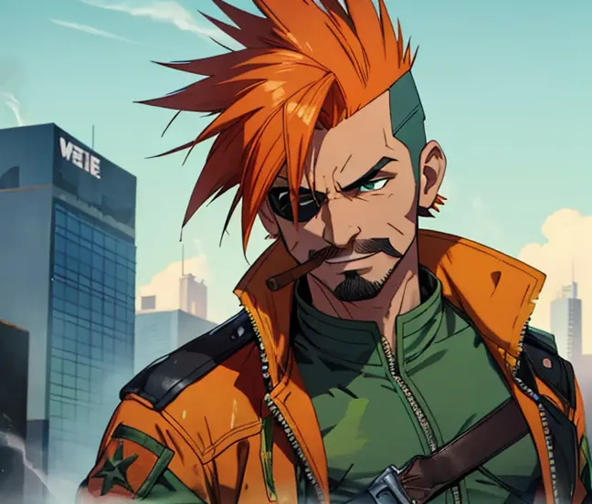 Male, rebel, Australian, (orange Mohawk), (green torn jacket with lots of pockets), wields handguns, arrogant smile, (black faci...