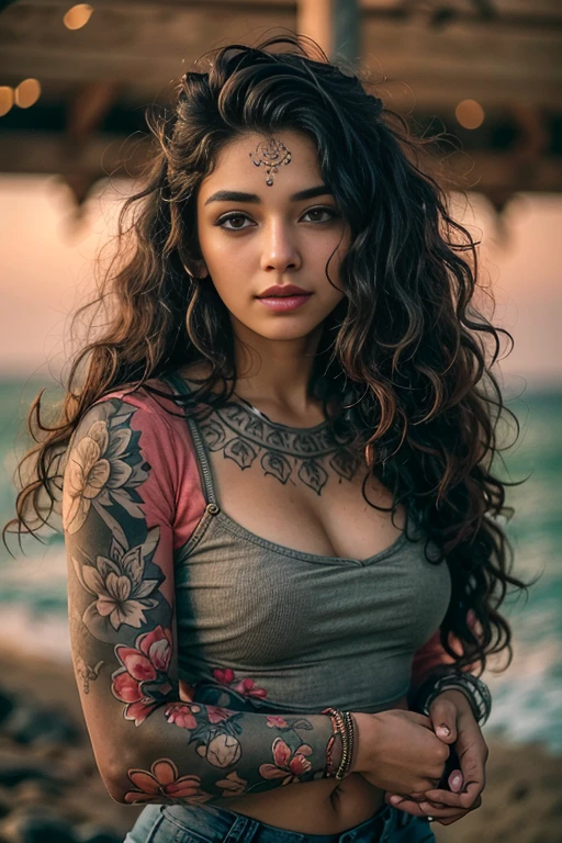 Young Indian woman, sexy t shirt and jeans, tattooed hands, strapless, sea beach, detailed body, detailed face, ultra realistic, charming, cute, big hazel eyes, long curly hair, perfect fingers, ambient lighting, winter, detailed background, 8k