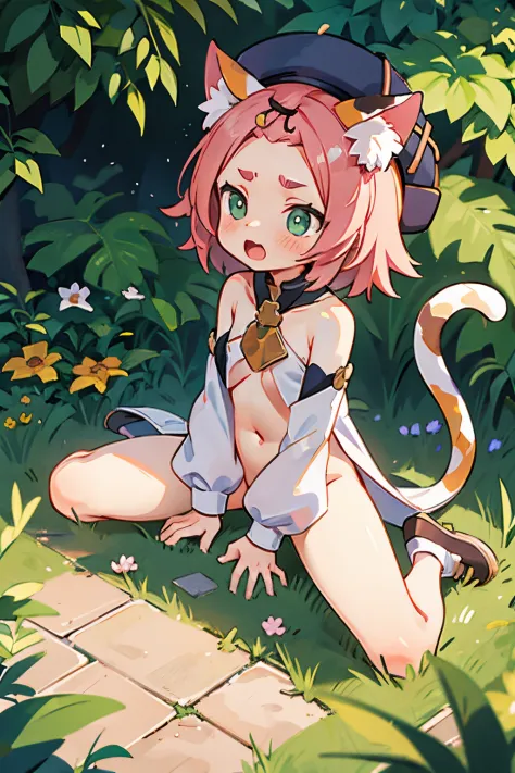 nude, catgirl, flat chest, 10 years old, confident, sitting, loli, yawning, outside, flirtacious, tail, spread legs, detached sleeves