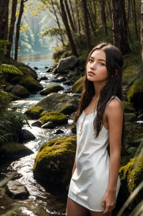 {there is a young girl standing by a river. she is beautiful, and attractive. she is wearing a white translucent dress. she has ...