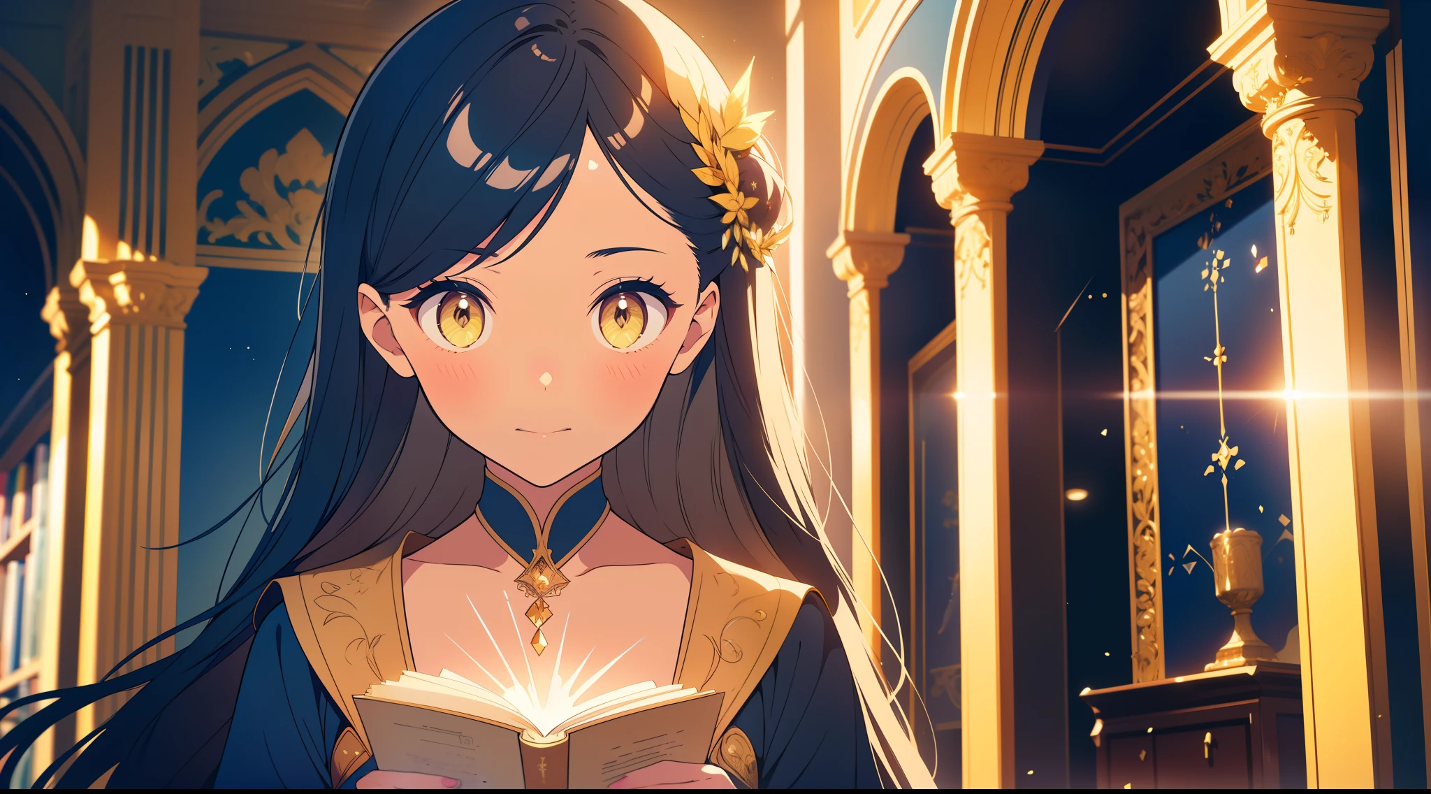 1 mature girl with long blue and yellow eyes, looking at camera, alone, High detail face, tie hair on the left side, golden eyes, full yellow cape, black priest cloth, shining Book . Small Wand, floating shining crown, Walking in Hallway , Library , Public Book Room ,high res, ultra sharp, 8k, masterpiece, smiling, fantasy world, magical radiance background ((Best quality)), ((masterpiece)), 3D, HDR (High Dynamic Range),Ray Tracing, NVIDIA RTX, Super-Resolution, Unreal 5,Subsurface scattering, PBR Texturing, Post-processing, Anisotropic Filtering, Depth-of-field, Maximum clarity and sharpness, Multi-layered textures, Albedo and Specular maps, Surface shading, Accurate simulation of light-material interaction, Perfect proportions, Octane Render, Two-tone lighting, Wide aperture, Low ISO, White balance, Rule of thirds,8K RAW, Aura, masterpiece, best quality, Mysterious expression, magical effects like sparkles or energy, flowing robes or enchanting attire, mechanic creatures or mystical background, rim lighting, side lighting, cinematic light, ultra high res, 8k uhd, film grain, best shadow, delicate, RAW, light particles, detailed skin texture, detailed cloth texture, beautiful face, 
(masterpiece), best quality, expressive eyes, perfect face,