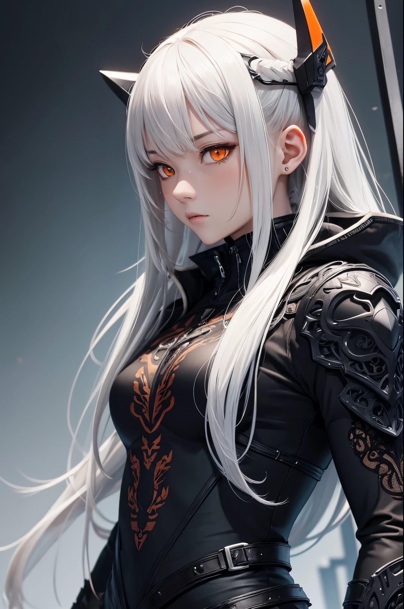 style of Tsutomu Nihei,(incredibly absurdres, (high resolution:1.18), intricate detail, (masterpiece:1.1), (highest quality:1.1), absurdres),(1girl, portrait, white hair, orange eyes, long hair, detailed eyes),