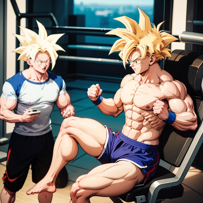 (Eine detaillierte Zeichnung von Son Goku, bodybuilding gym.), shirtless, huge muscle Body, Big Bizeps, Big shoulders, muscukar legs,abs, barefoot, mma, boxing