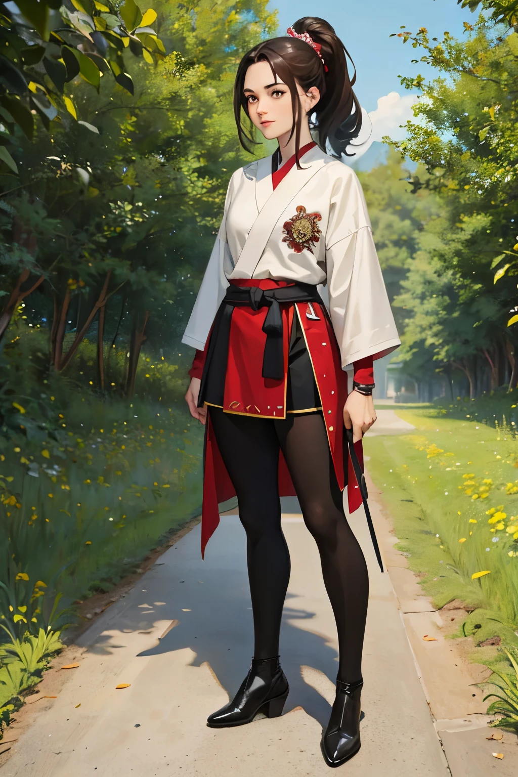 4k, Realistic, Muito Detalhe, there is a girl in a wood, She's a Samurai, tema guerra, roupas macias, cabelos longos, usando legging, 25 anos, corpo inteiro, usando sapatos gucci