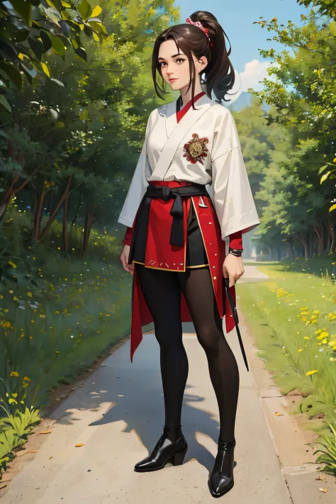 4k, realistic, muito detalhe, there is a girl in a wood, she's a samurai, tema guerra, roupas macias, cabelos longos, usando leg...