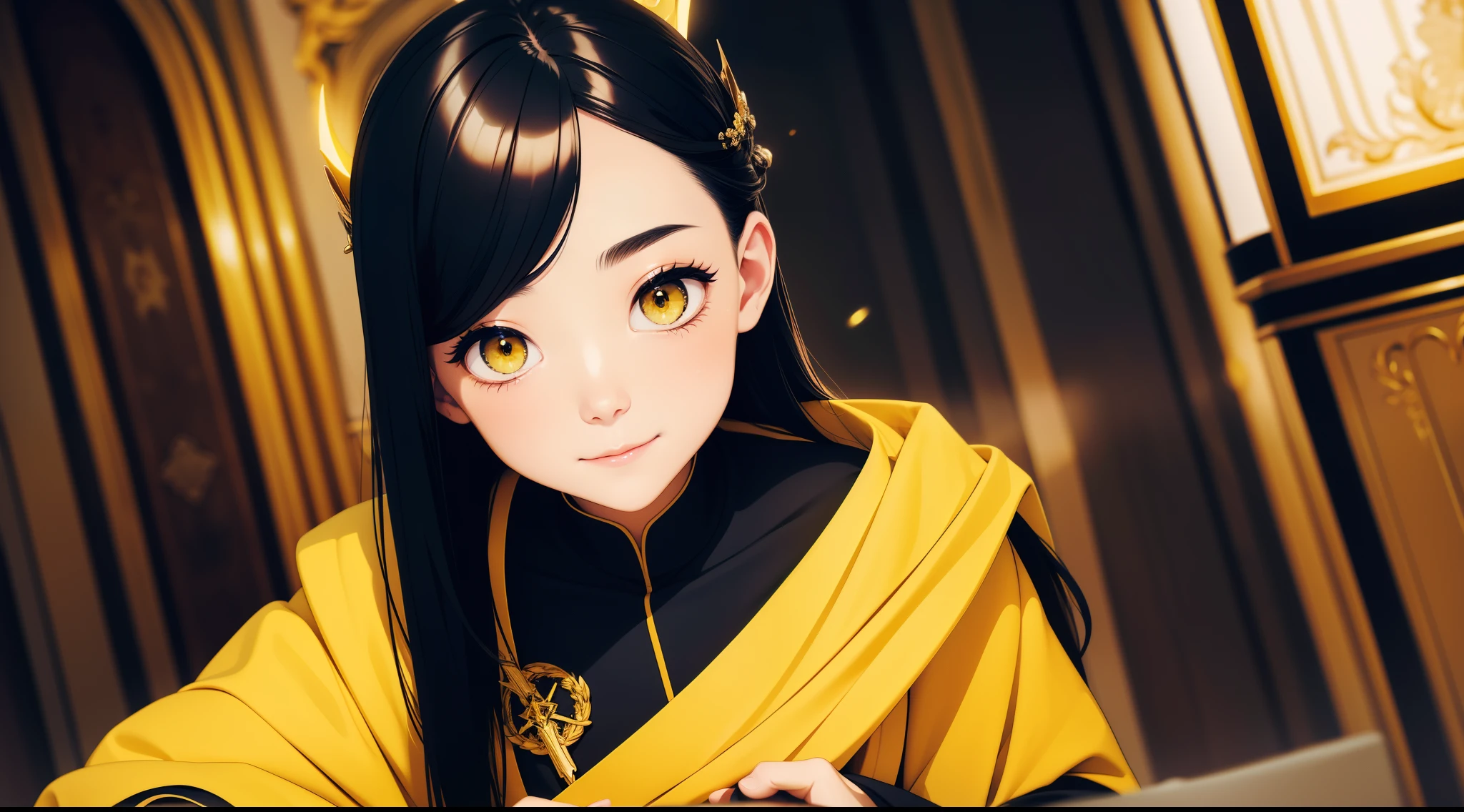 A Single girl, Black Hair , yellow eyes, alone, High detail face, tie hair on the left side, yellow cape, black priest cloth, shining Book . Small Wand, Shining crown, Walking in Hallway , Library , Public Book Room ,high res, ultra sharp, 8k, masterpiece, smiling, fantasy world, magical radiance background, Best quality, masterpiece, best quality, expressive eyes, perfect face