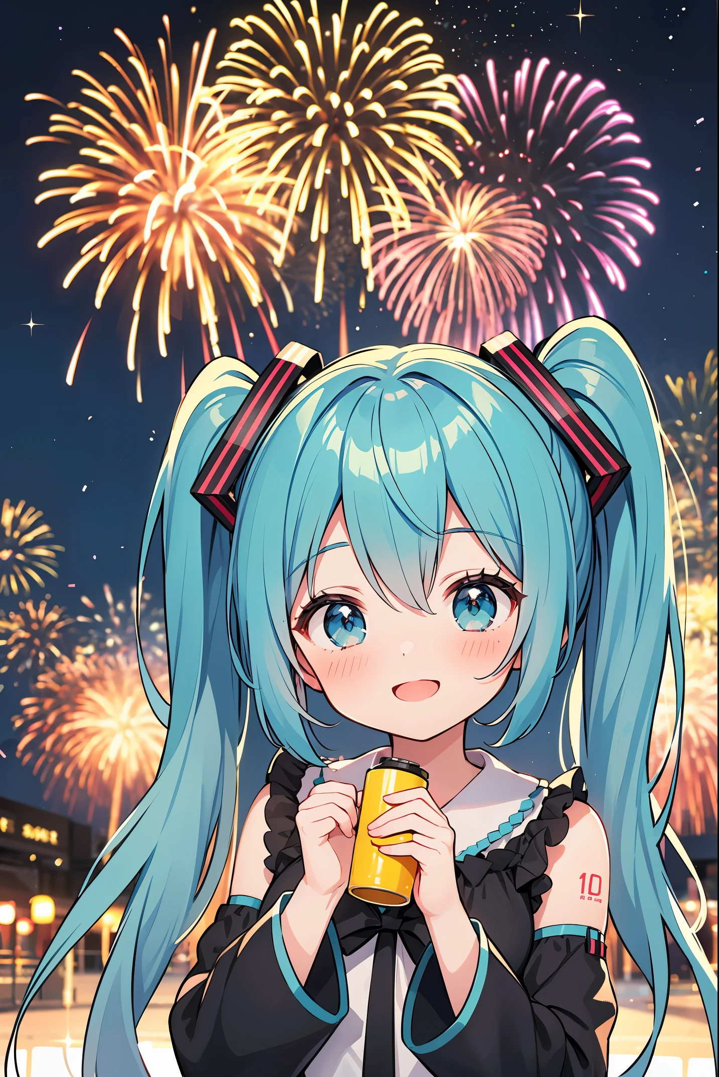 Square, year-end countdown, fireworks event, Hatsune Miku, smile, laugh