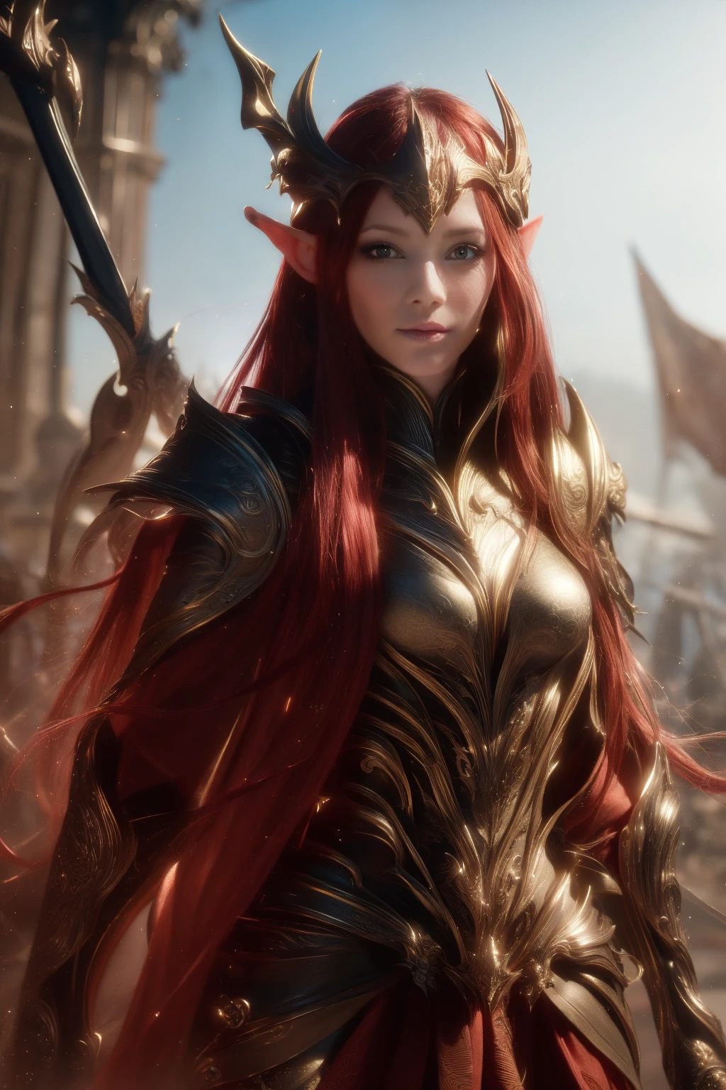 Fantasy, medieval, ((best quality)), ((masterpiece)), (detailed), perfect face, beautiful sexy elf, standing, erotic pose, redhead, big eyes, blue eyes, black eyeliner, freckles, laurel crown, gold elven armor, skin tight, cameltoe, outdoors, gloomy forest