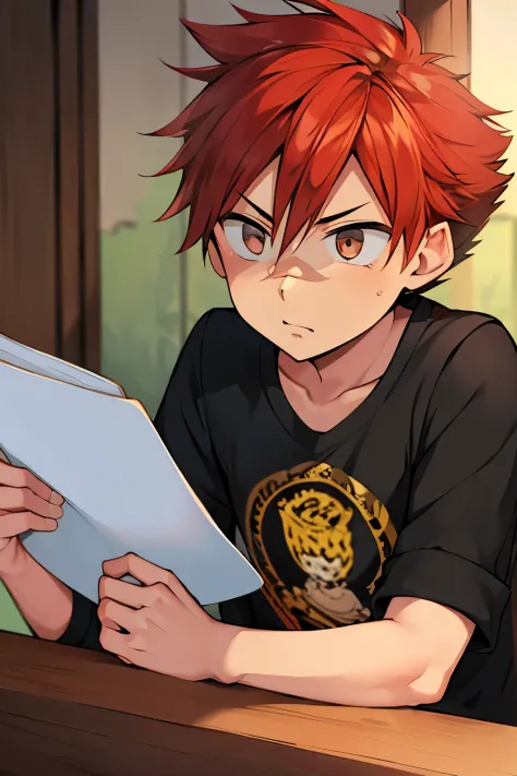 Aizen Kunitoshi (Aizen Kunitoshi)、Erect、red hairs、10-year-old boy、reading a letter while holding it in the right hand、Surprised face、terrified expression、Frontal perspective、