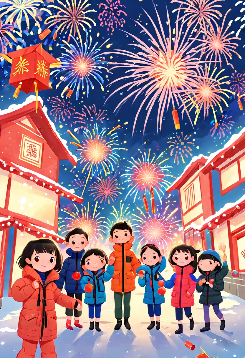 (提姆波頓風格)，(插畫捕捉中國新年的精髓)，(現代小鎮:1.2), (燈籠和花彩)，正在下雪，在新春歡樂的氣氛中，(5名穿著羽絨外套的孩子燃放鞭炮煙火:1.5)，(天上有很多煙火:1.5)，圖片很漂亮，(細緻生動的兒童&#39;手繪插圖)，顯示人物表情, (NSFW)