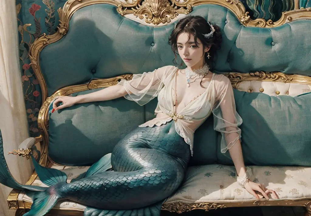((mermaid)) woman sitting on a bench with a fan, regency-era, 1girl, topless, by Adélaïde Labille-Guiard, by Cassandra Austen, j...