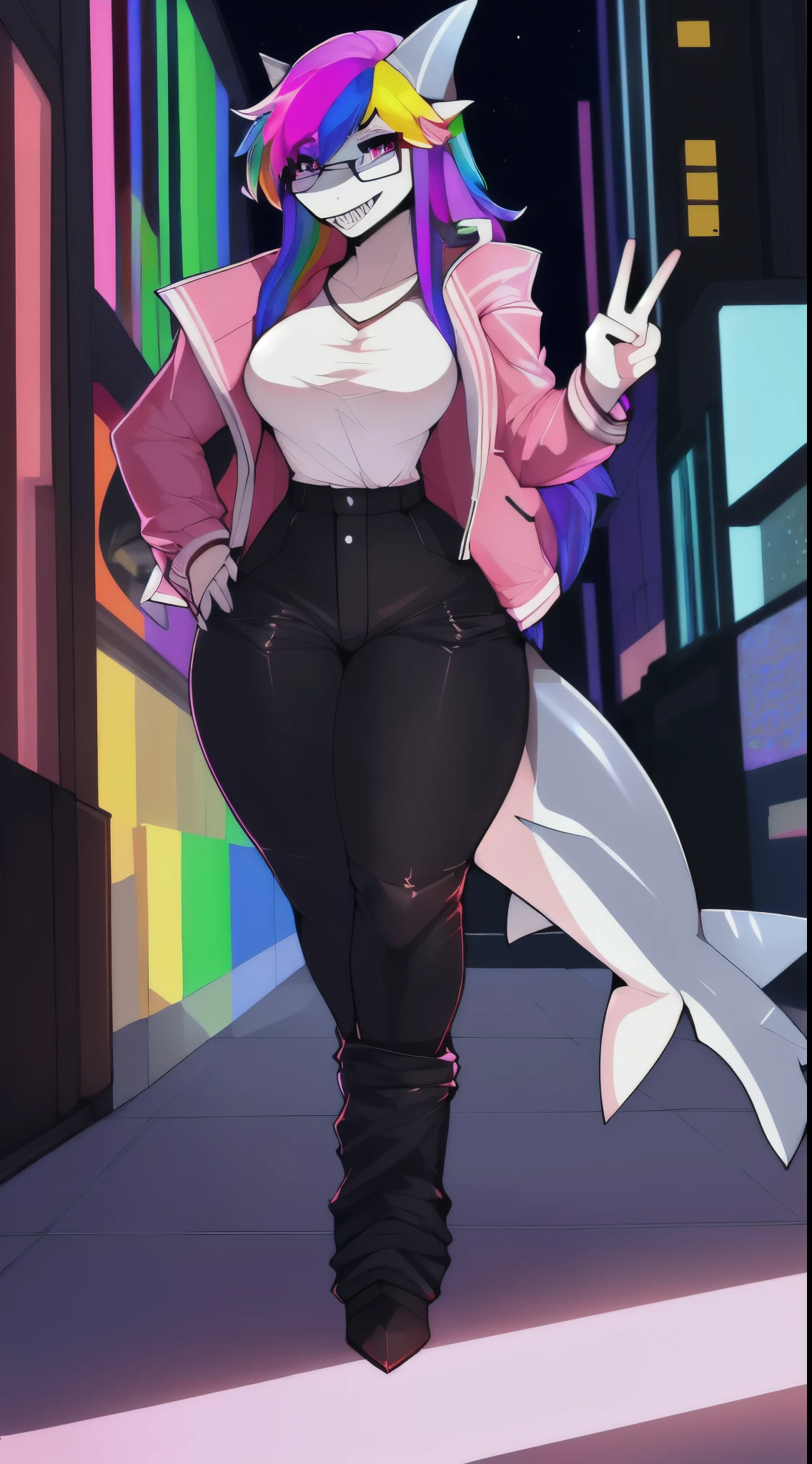 uploaded to e621, by claweddrip, (masterpiece), (best quality), (extremely detailed:1.3), (detailed shading), (ray tracing), (solo portrait), (solo female), shark, anthro shark, anthropomorphic shark, female shark, female anatomy, (big breasts:0.6), (wide hips:1.2), (thick thighs:0.8), (toned claves), (happy expression, smile, pointy teeth), (shark body, soft pink skin:1.5), magenta eyes, long hair, colorful hair, (rainbow hair:1.4), city background, (white lighting), vibrant, looking at viewer, clothed, glasses, (magenta jacket, white tshirt, black pants:1.5), (tucked in shirt), (high waist pants:1.5)