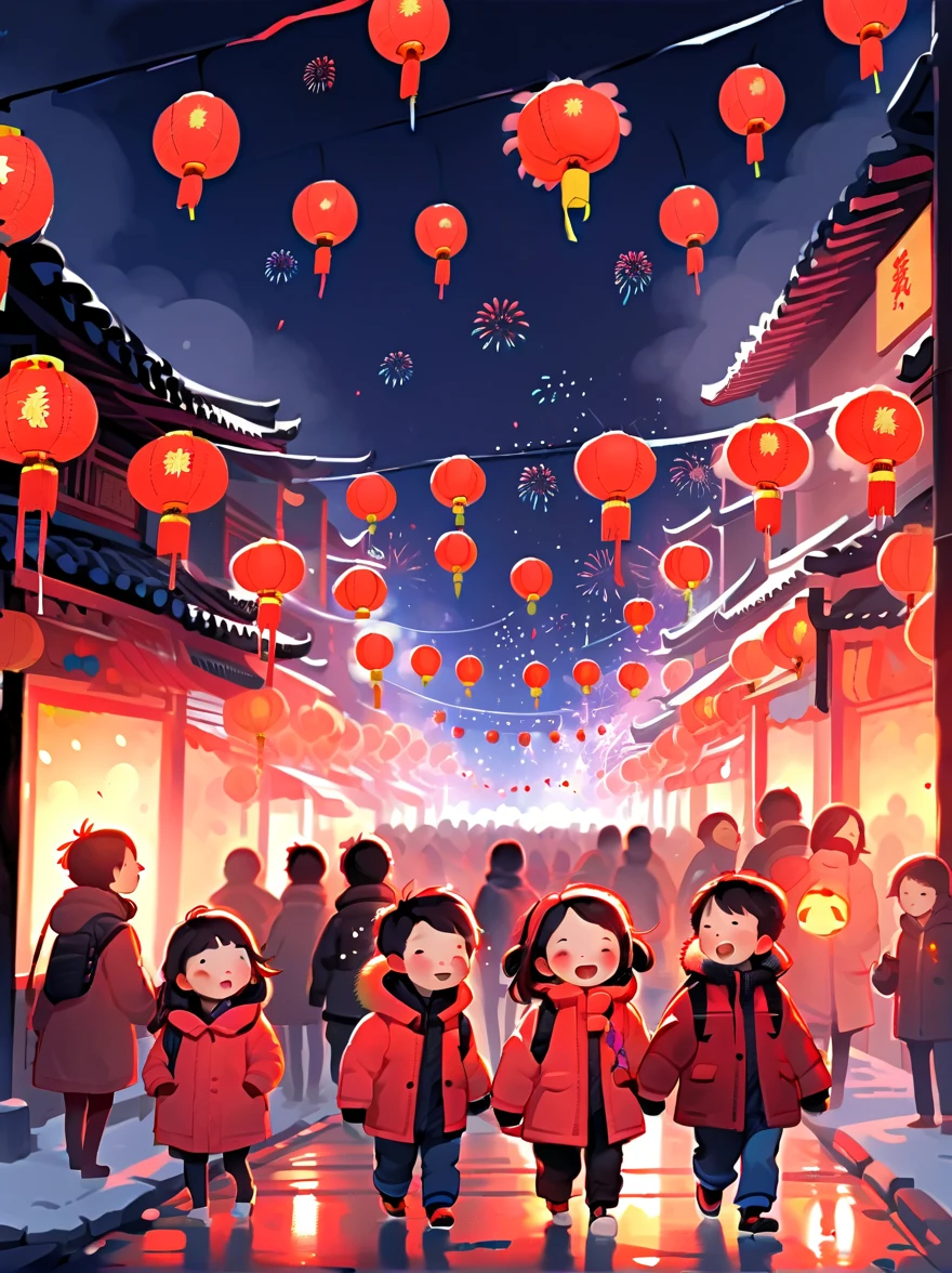 (Tim Burton style)，(Illustration captures the essence of Chinese New Year)，(Modern town:1.2), ((Lanterns and festoons))，It's snowing，In the joyful atmosphere of the Spring Festival，(5 children in down jackets set off firecrackers and fireworks:1.3)，(There are many fireworks in the sky:1.2)，The picture is beautiful，(Detailed and vivid children&#39;s hand-drawn illustrations)，Show character expressions, (nsfw)