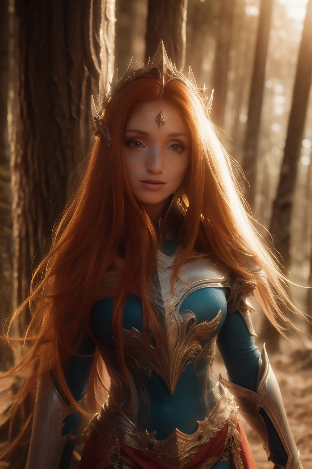 Fantasy, medieval, ((best quality)), ((masterpiece)), (detailed), perfect face, beautiful sexy elf, redhead, big eyes, black eyeliner, freckles, laurel crown, elven armor, skin tight, see-through, cameltoe, outdoors, gloomy forest