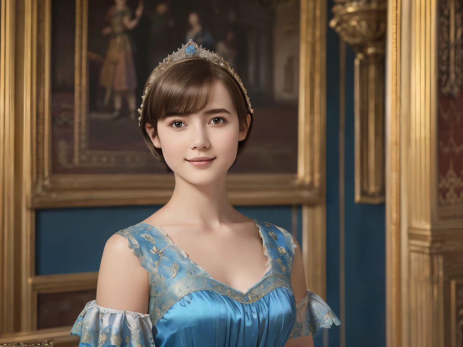 142
(a 20 yo woman,in the palace), (A hyper-realistic), (high-level image quality), ((beautiful hairstyle 46)), ((short-hair:1.46)), (kindly smile), (breasted:1.1), (lipsticks), (wearing a blue dress), (murky,wide,Luxurious room), (florals), (an oil painting、Rembrandt)