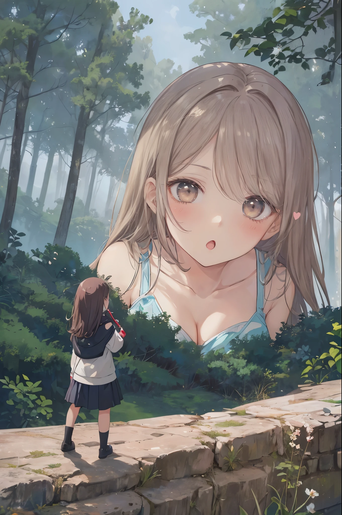 Anime girl looking at a giant picture of herself in the woods - SeaArt AI