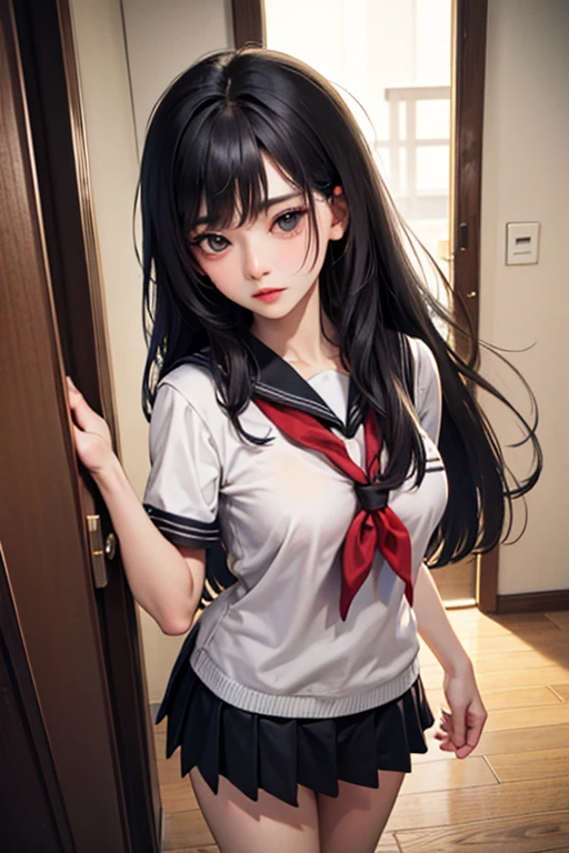 (sfw) A troublemaker university student, with a cold expression, long silky hair, black eyes, medium breasts, Korean standard university uniform, very beautiful, she is really dangerous, Dutch angle