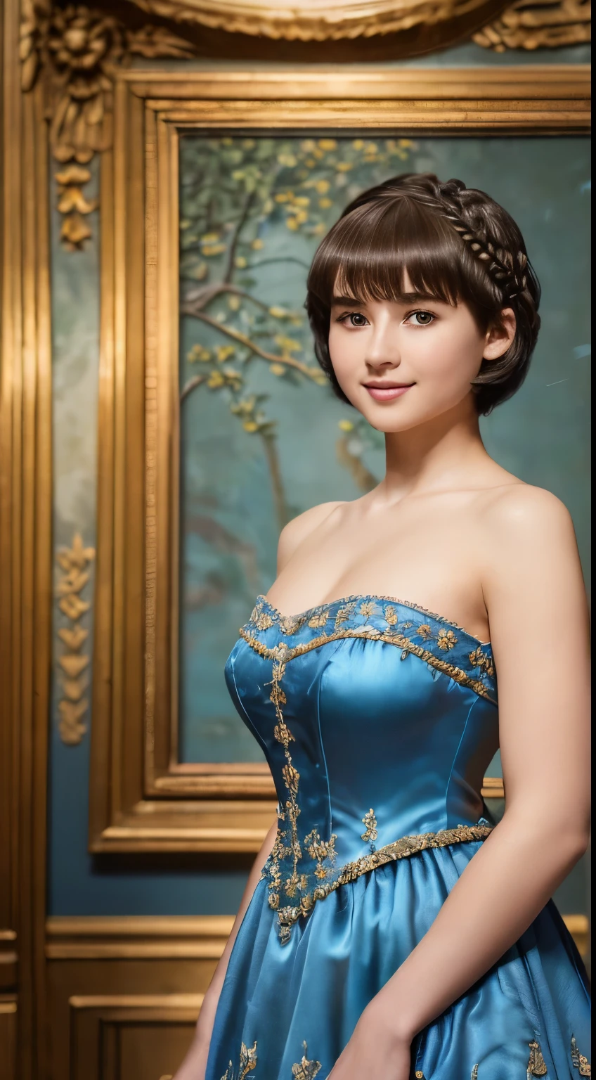 142
(a 20 yo woman,in the palace), (A hyper-realistic), (high-level image quality), ((beautiful hairstyle 46)), ((short-hair:1.46)), (kindly smile), (breasted:1.1), (lipsticks), (wearing a blue dress), (murky,wide,Luxurious room), (florals), (an oil painting、Rembrandt)