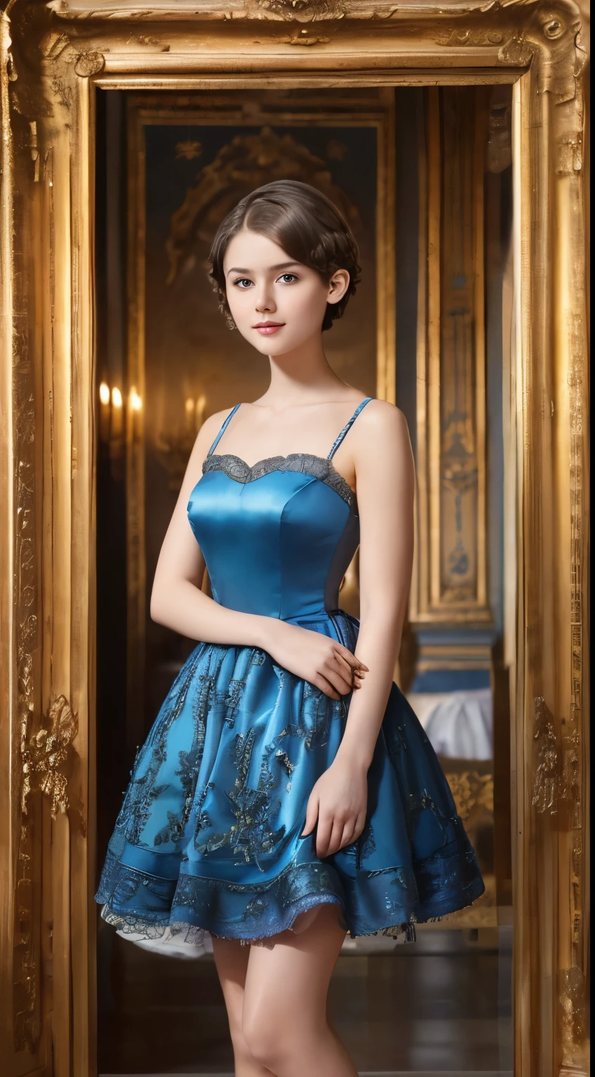 142
(a 20 yo woman,in the palace), (A hyper-realistic), (high-level image quality), ((beautiful hairstyle 46)), ((short-hair:1.46)), (kindly smile), (breasted:1.1), (lipsticks), (wearing a blue dress), (murky,wide,Luxurious room), (florals), (an oil painting、Rembrandt)