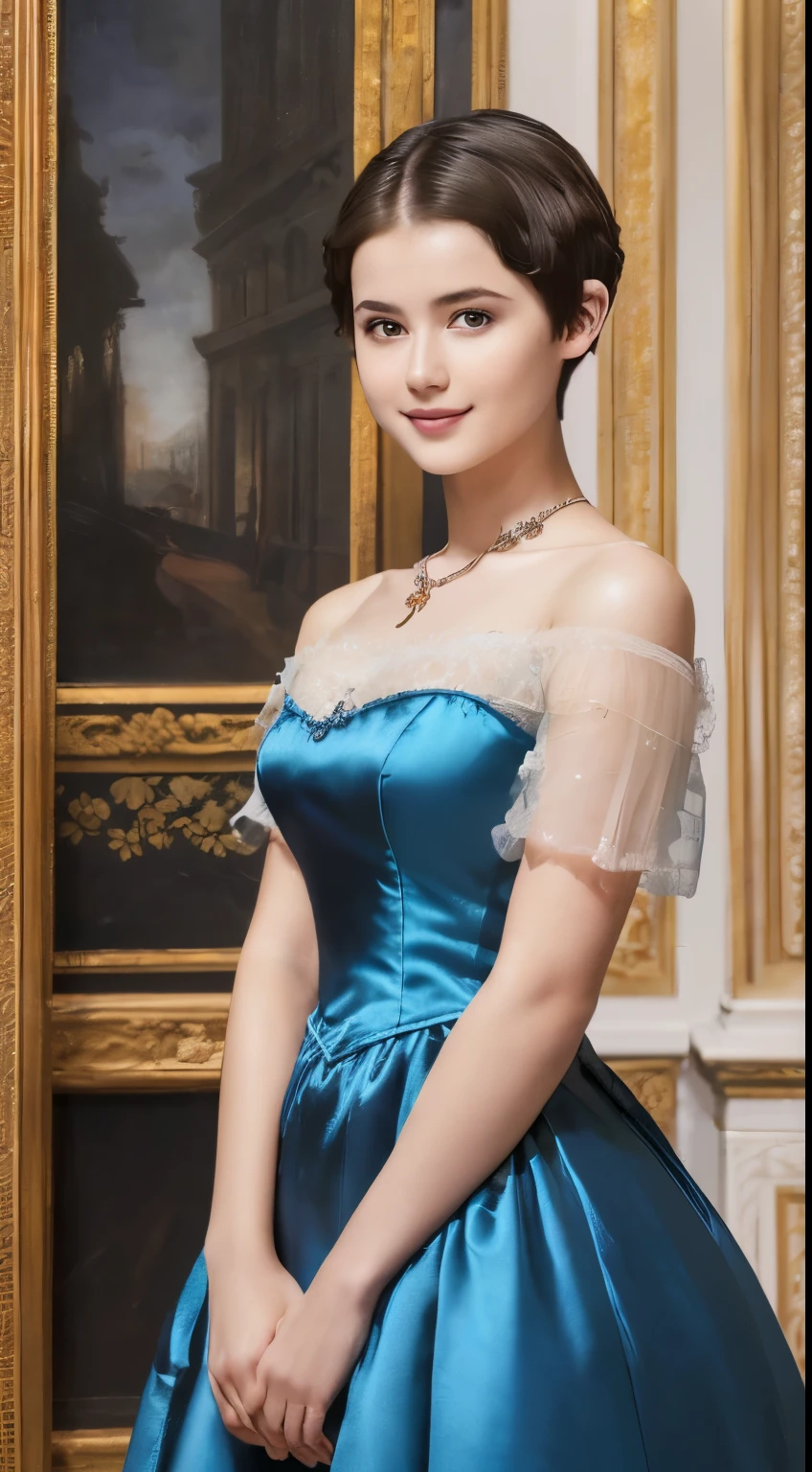 142
(a 20 yo woman,in the palace), (A hyper-realistic), (high-level image quality), ((beautiful hairstyle 46)), ((short-hair:1.46)), (kindly smile), (breasted:1.1), (lipsticks), (wearing a blue dress), (murky,wide,Luxurious room), (florals), (an oil painting、Rembrandt)