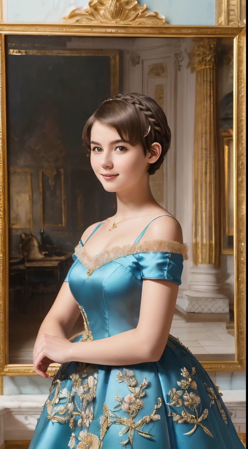 142
(a 20 yo woman,in the palace), (A hyper-realistic), (high-level image quality), ((beautiful hairstyle 46)), ((short-hair:1.46)), (kindly smile), (breasted:1.1), (lipsticks), (wearing a blue dress), (murky,wide,Luxurious room), (florals), (an oil painting、Rembrandt)