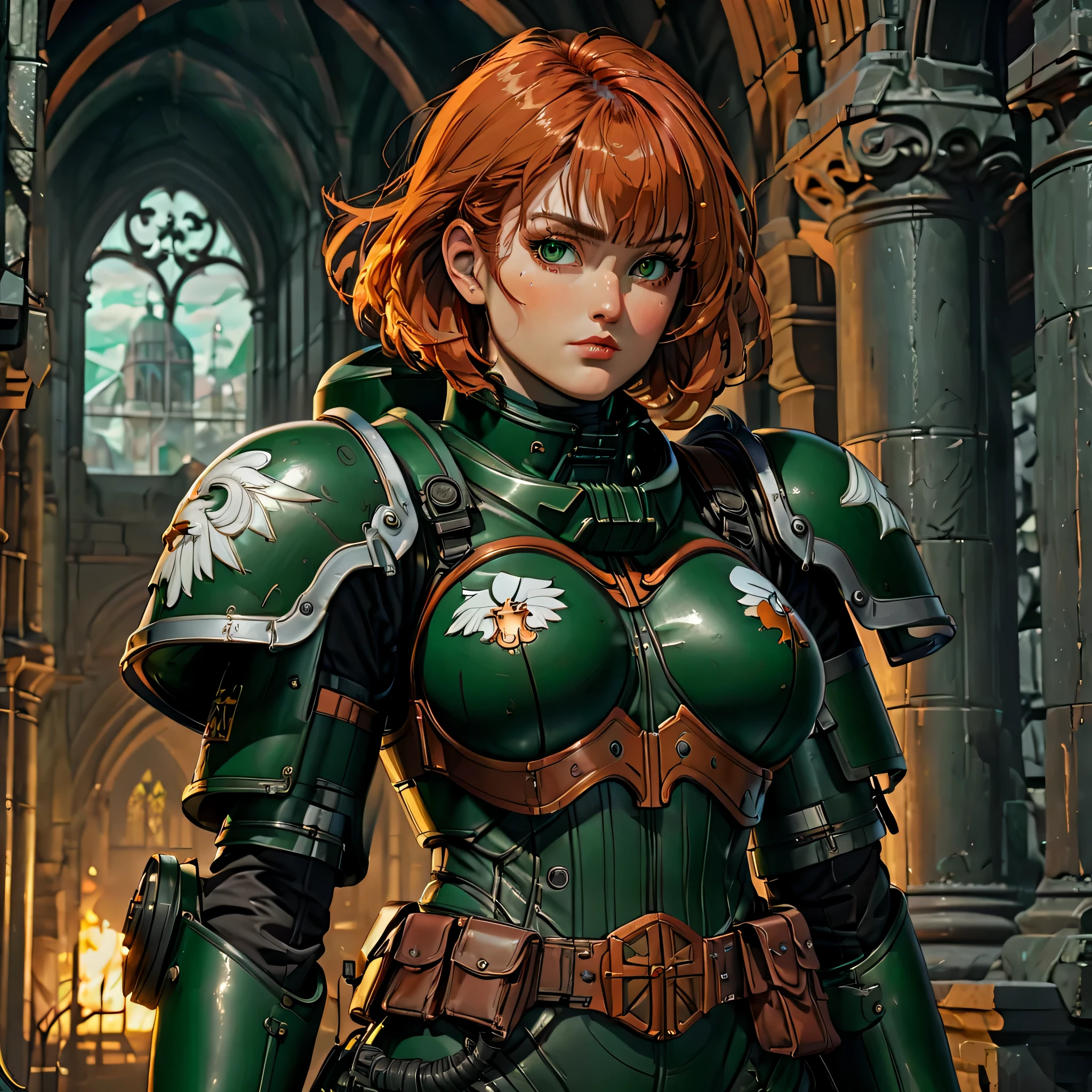 An ((Full-Shot)), Masterpiece of an Irish Woman, copper hair, clad in a dark green power-armor from the Dark-angels, set against the backdrop of a monastery belonging to the Battle Sisters. (Anime-style), (Best quality, ultra-detailed, 8k.)