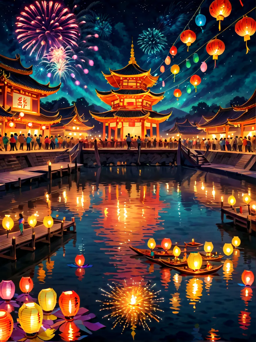 Beautiful town celebrates New Year&#39;s Day New Year&#39;s countdown，new year 2024，Colorful lanterns and decorations，children p...