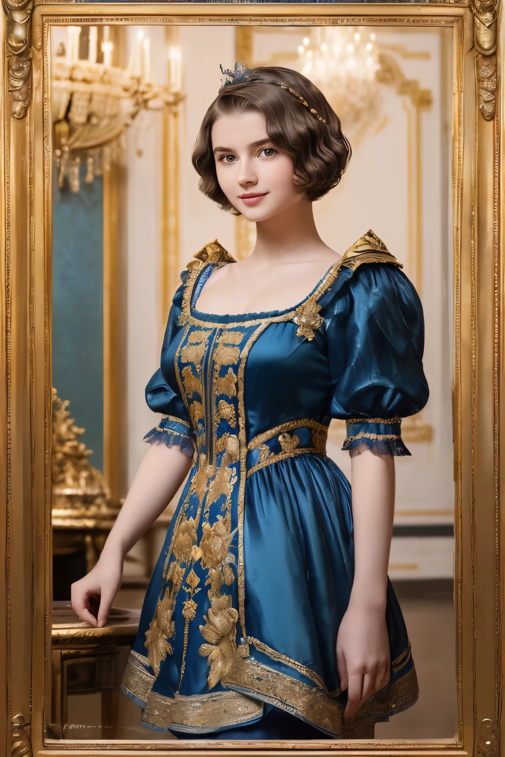 142
(a 20 yo woman,in the palace), (A hyper-realistic), (high-level image quality), ((beautiful hairstyle 46)), ((short-hair:1.46)), (kindly smile), (breasted:1.1), (lipsticks), (wearing a blue dress), (murky,wide,Luxurious room), (florals), (an oil painting、Rembrandt)