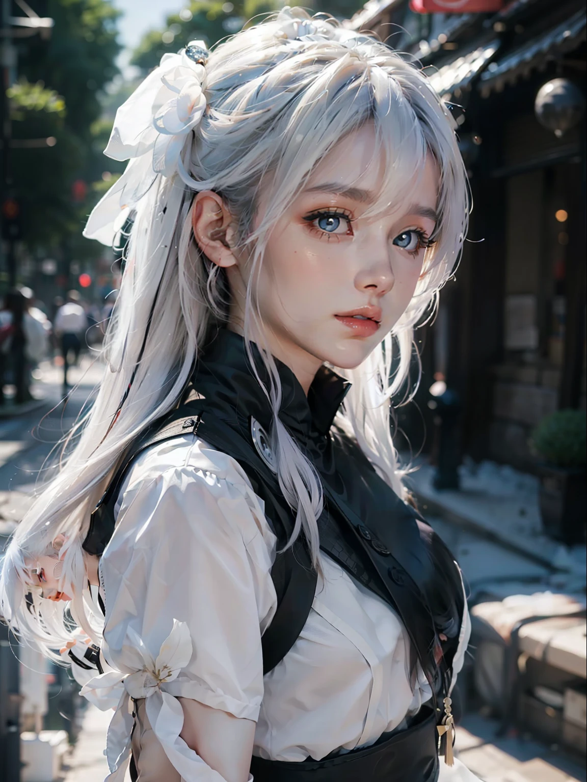 1 girl,The beautiful, tmasterpiece, Best quality at best, white backgrounid,Kazuya Takahashi, concept-art, white color hair,the detail