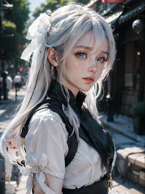 1 girl,The beautiful, tmasterpiece, Best quality at best, white backgrounid,Kazuya Takahashi, concept-art, white color hair,the ...