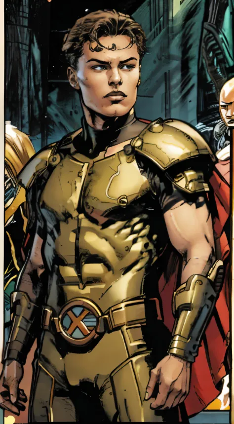 A young 23 year old alien, com pele e cabelos ruivos, vestindo uma armadura branca com detalhes dourados no estilo DC Comics