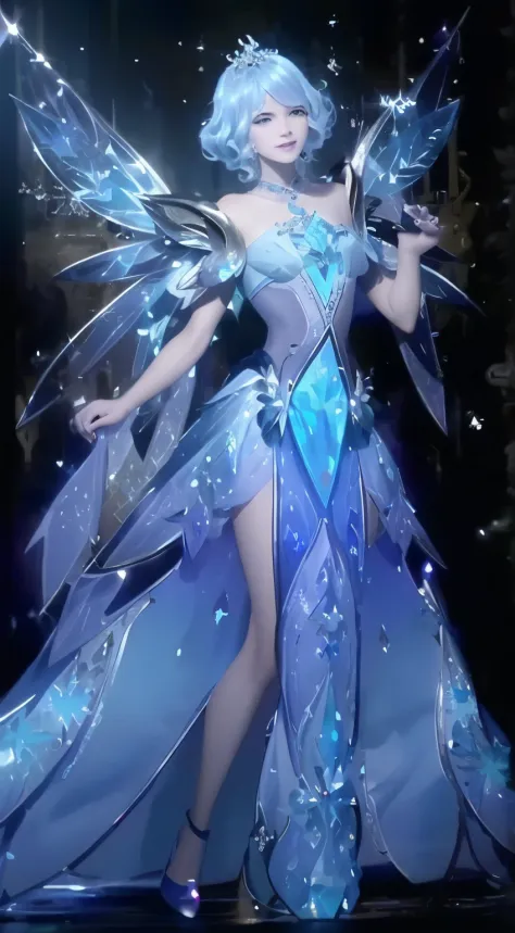 exquisite facial features，One in a blue dress、Close-up of a woman with fairy wings, Astral Fairy, dreamy dress, ethereal wings, magic dress, ethereal fairytale, Smile like a fairy king, Astral Witch Clothes, Ethereal fantasy, ethereal essence, flowing magi...