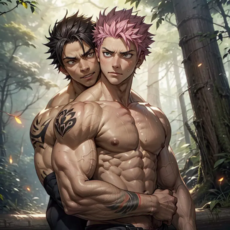 2 boys duo 2men rugged muscular shirtless kissing (naked), Natsu Dragneel and Gray Fullbuster kissing in a forest. Good body pro...