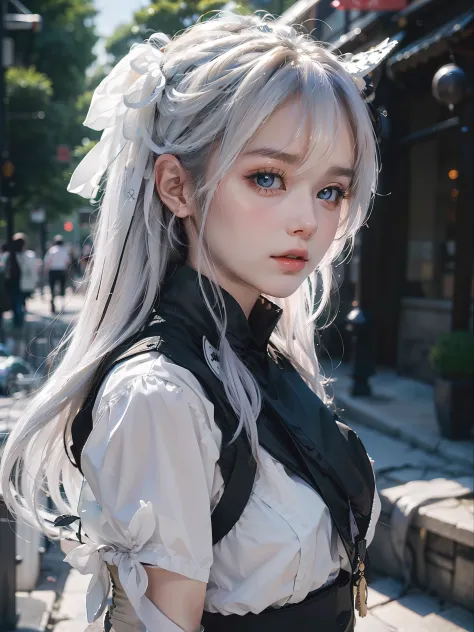 1 girl,The beautiful, tmasterpiece, Best quality, white backgrounid,Kazuya Takahashi, concept-art, white color hair,the detail