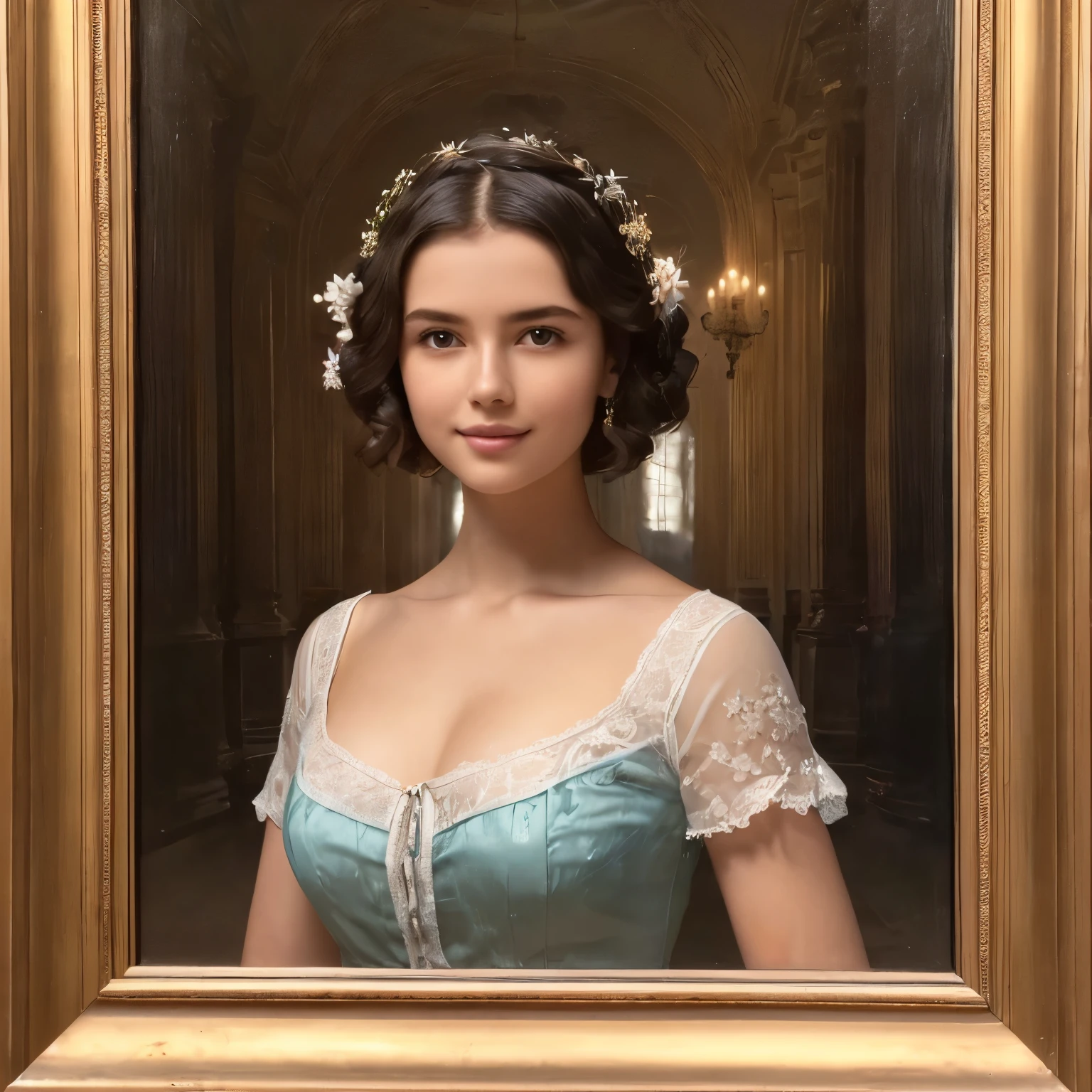 142
(a 20 yo woman,in the palace), (A hyper-realistic), (high-level image quality), ((beautiful hairstyle 46)), ((short-hair:1.46)), (kindly smile), (breasted:1.1), (lipsticks), (wearing a blue dress), (murky,wide,Luxurious room), (florals), (an oil painting、Rembrandt)