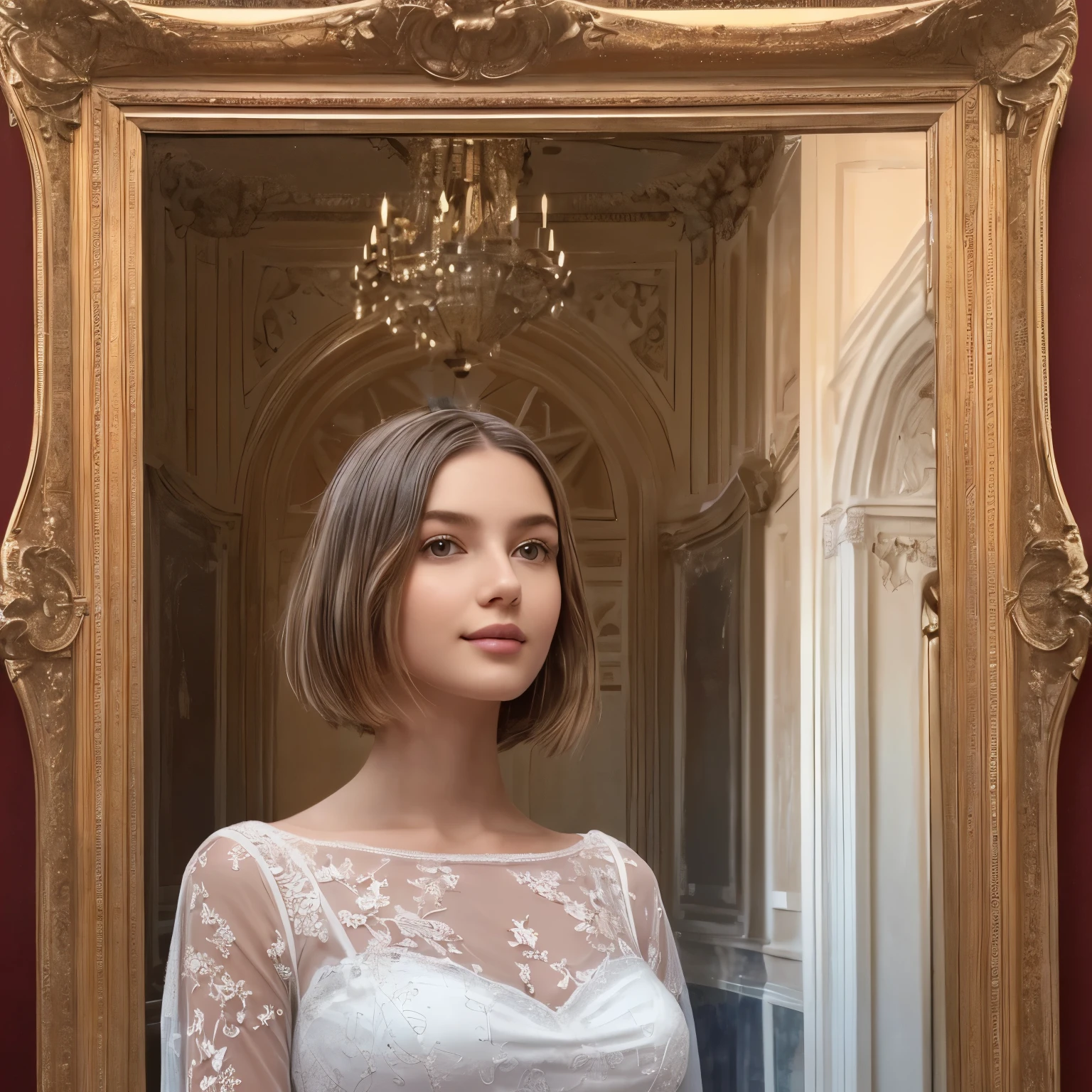142
(a 20 yo woman,in the palace), (A hyper-realistic), (high-level image quality), ((beautiful hairstyle 46)), ((short-hair:1.46)), (kindly smile), (breasted:1.1), (lipsticks), (wearing a blue dress), (murky,wide,Luxurious room), (florals), (an oil painting、Rembrandt)