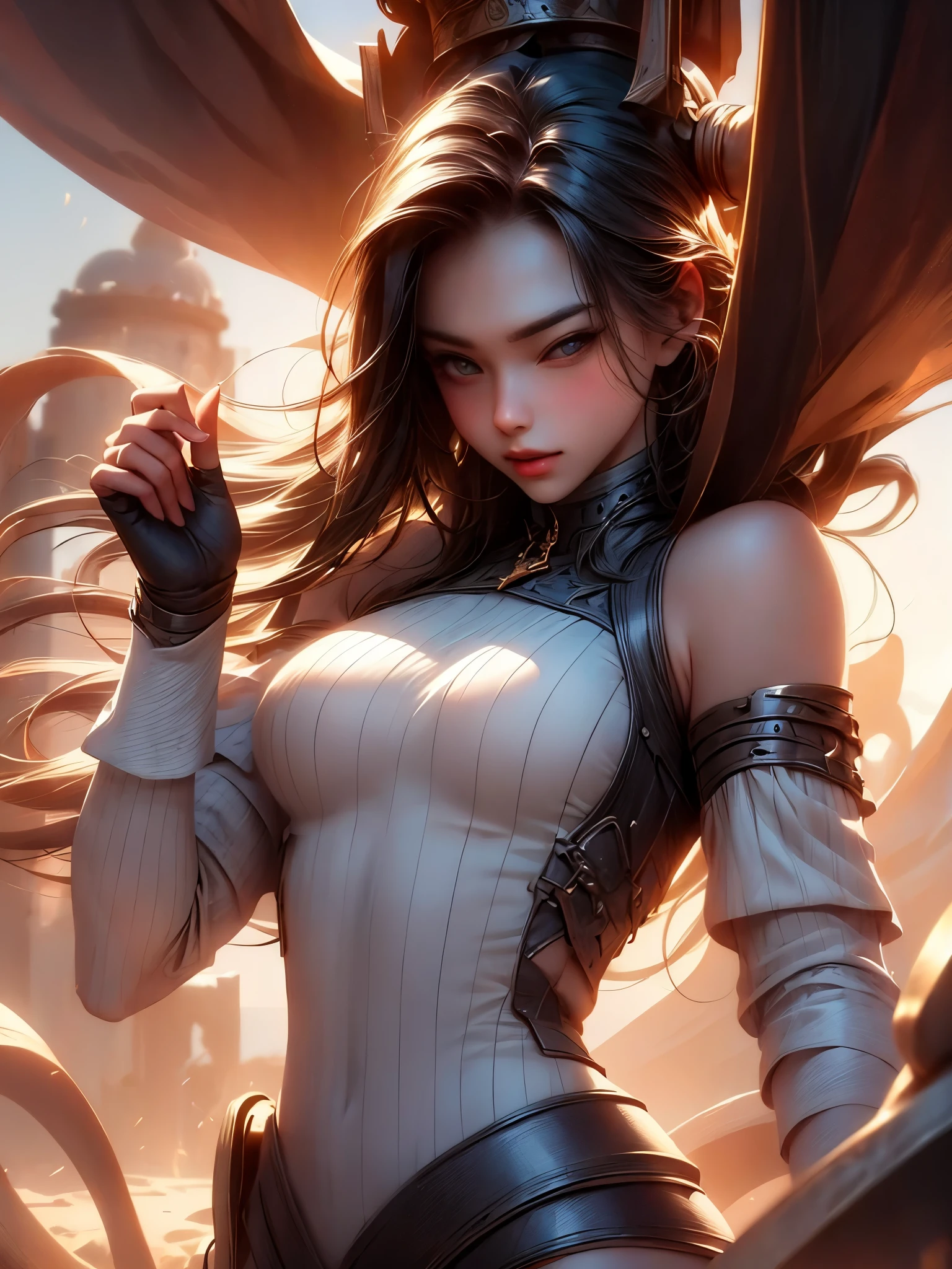 girl assassin, Great Wall battle, (best quality, highres, ultra-detailed), realistic lighting, detailed armor, flowing hair, determined expression, intense action, dramatic sunset, ancient architecture, epic battle scene, vivid colors, dynamic composition, martial arts expertise, suspenseful atmosphere, powerful stance, stealthy movements, ancient Chinese setting, historical accuracy, cinematic quality, sharp focus, professional artwork, sense of danger, thrilling narrative, breathtaking landscape