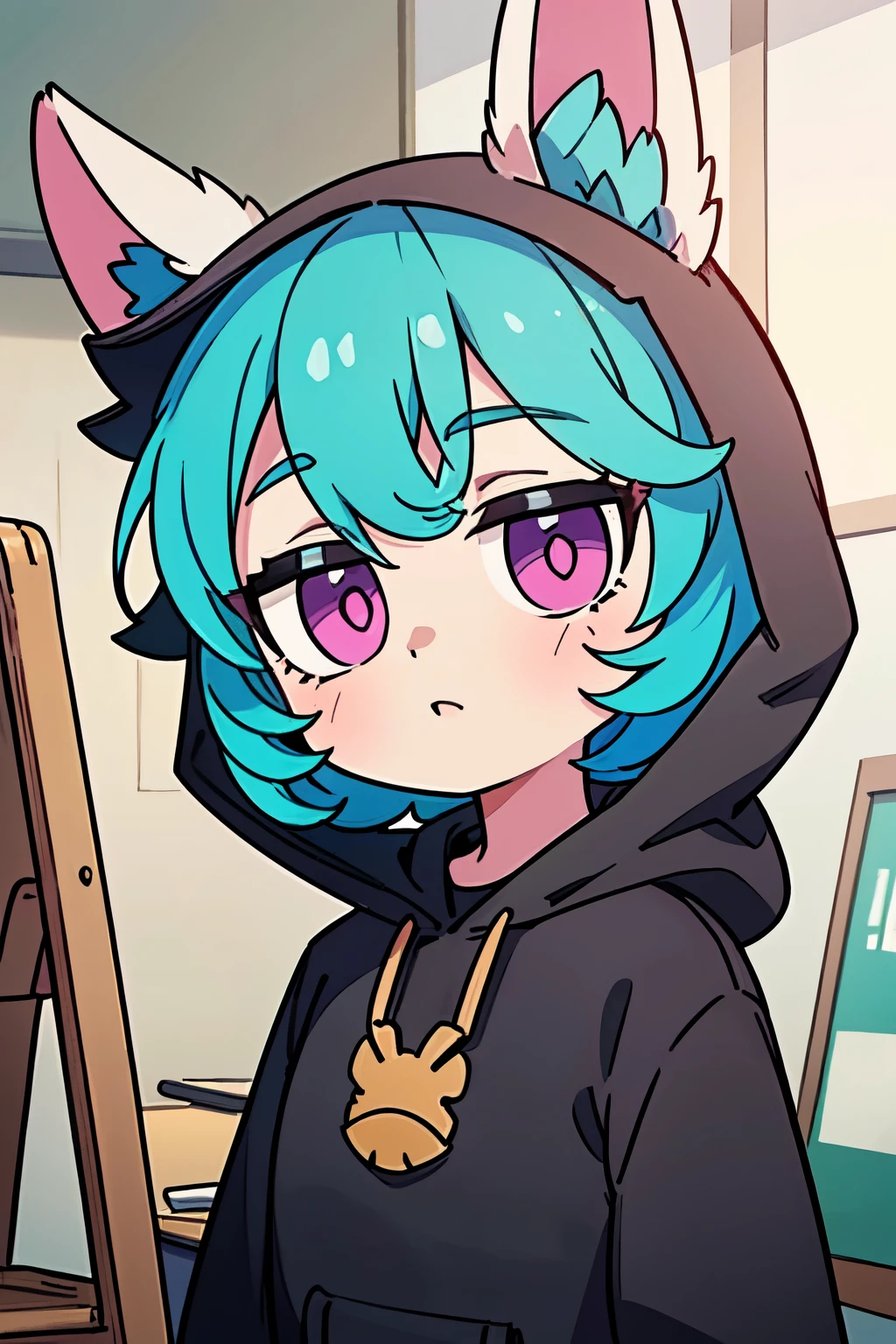 masterpiece,(best quality,top quality,8k),illustration,painting,detailed eyes and face,vex,(green hair,short hair),(black jacket,rabbit ears,black hoodie),purple eyes, pretty girl, beauty skin, ultra high res, raw photo, ultra detailed , detailed body , detailed eyes and face , (looking at viewer ),(puffy eyes) ,good contrast , high sharpness,(gorgeous),realistic,RAW Photography,(hyperdetailed:1.2)
