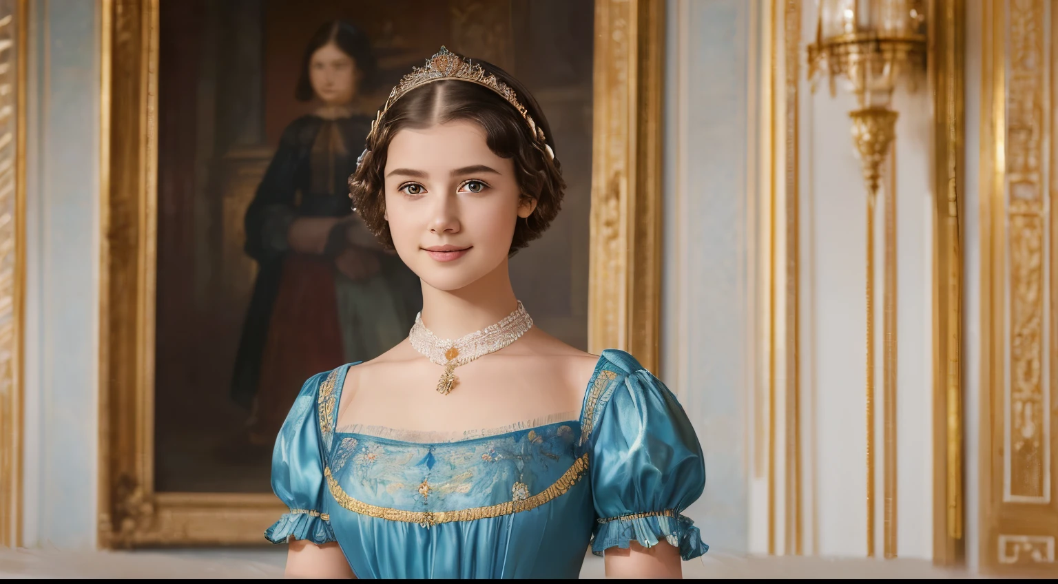 142
(a 20 yo woman,in the palace), (A hyper-realistic), (high-level image quality), ((beautiful hairstyle 46)), ((short-hair:1.46)), (kindly smile), (breasted:1.1), (lipsticks), (wearing a blue dress), (murky,wide,Luxurious room), (florals), (an oil painting、Rembrandt)