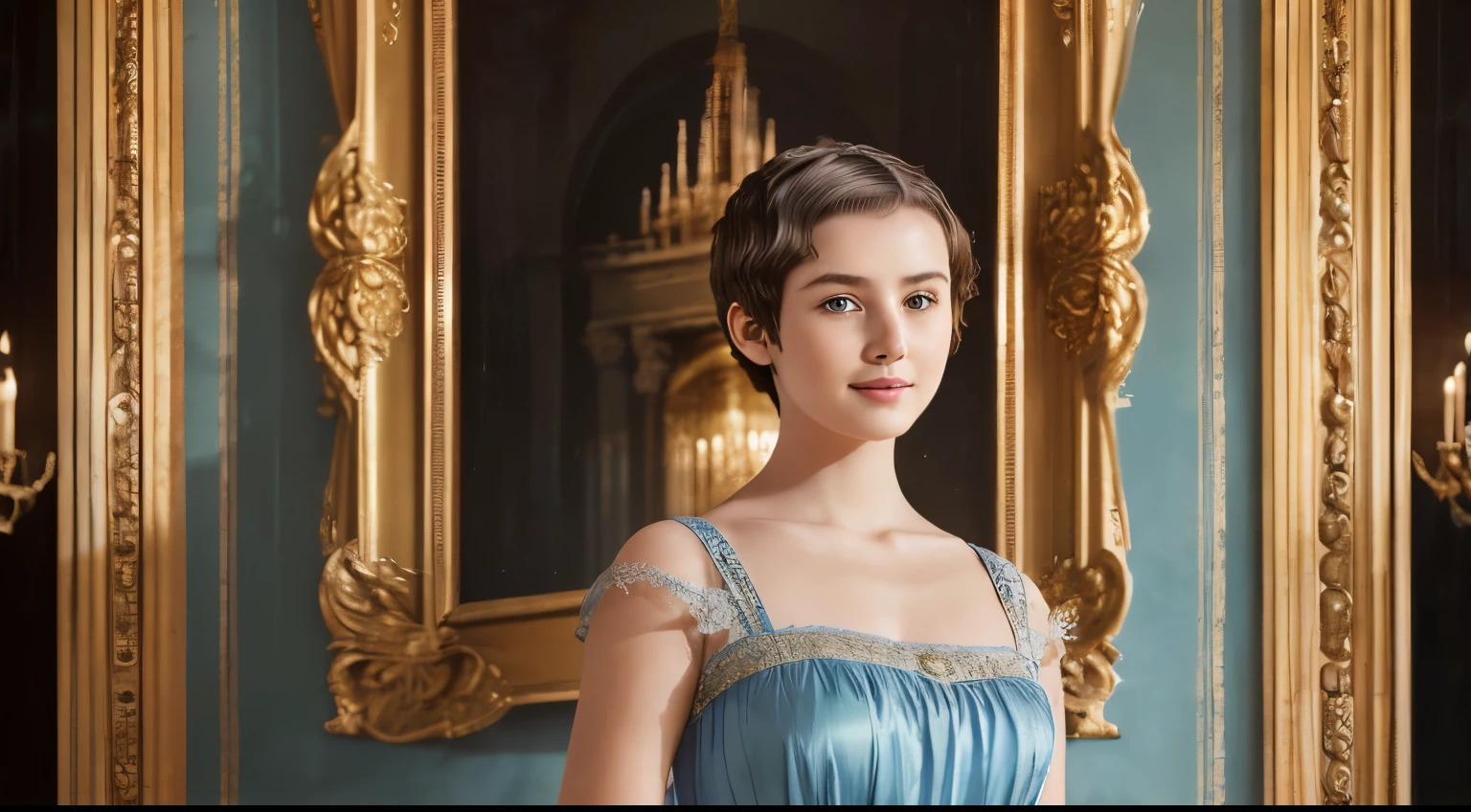 142
(a 20 yo woman,in the palace), (A hyper-realistic), (high-level image quality), ((beautiful hairstyle 46)), ((short-hair:1.46)), (kindly smile), (breasted:1.1), (lipsticks), (wearing a blue dress), (murky,wide,Luxurious room), (florals), (an oil painting、Rembrandt)