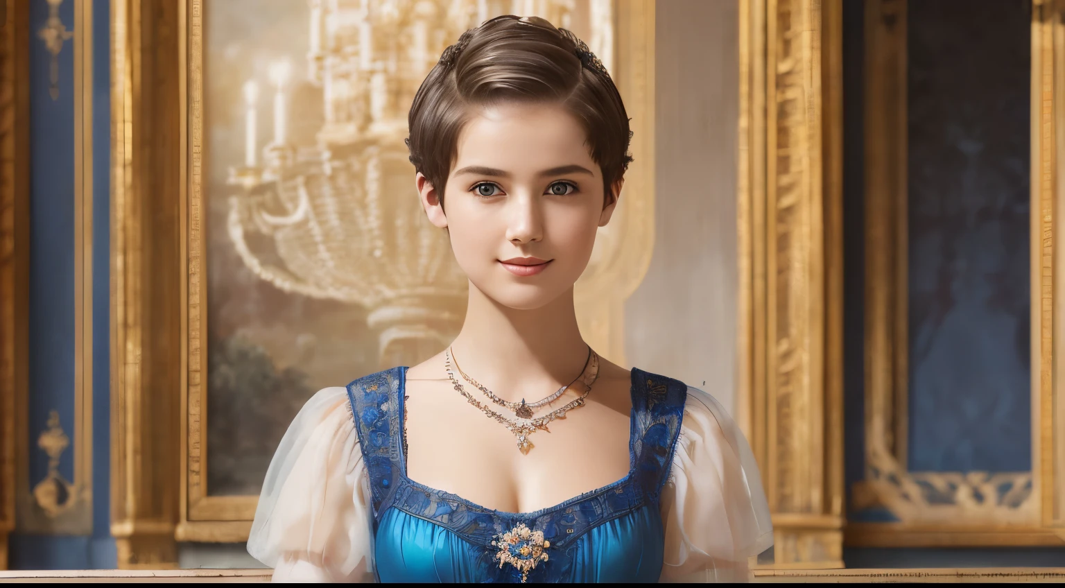 142
(a 20 yo woman,in the palace), (A hyper-realistic), (high-level image quality), ((beautiful hairstyle 46)), ((short-hair:1.46)), (kindly smile), (breasted:1.1), (lipsticks), (wearing a blue dress), (murky,wide,Luxurious room), (florals), (an oil painting、Rembrandt)