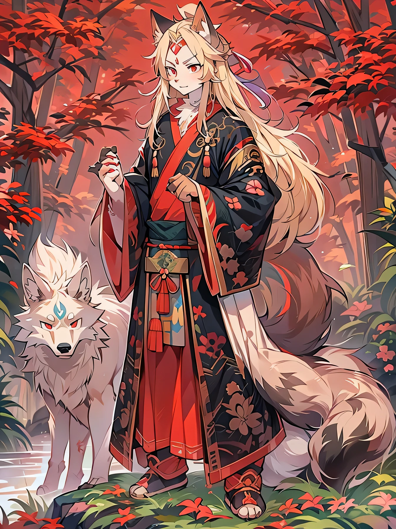 The male wolf is 160 cm tall， red eyes, , Long blonde hair, end,  perfect body figure，Red and black Ming Dynasty brocade clothing，very serious look，Two small ears， standing in forest