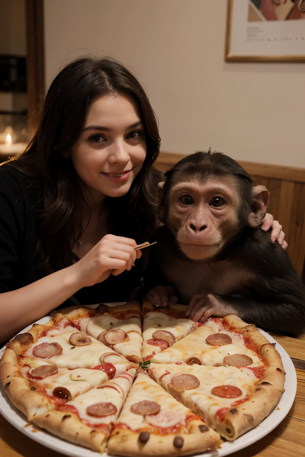 Mulher sentada à mesa com um macaco comendo uma pizza - SeaArt AI