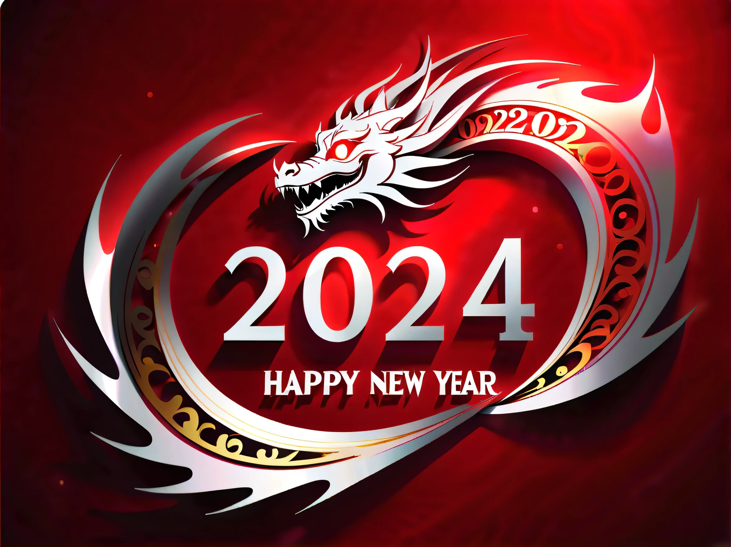 shadow dragon, defeat, dark fantasy atmosphere, Sophisticated, (((The word "Happy New Year 2024":1.4)))), (((White glow metal scroll on red background:1.3))), Unparalleled sharpness and clarity, (((Radiosity rendered in stunning 32K resolution:1.3))), All captured with sharp focus, Highest Quality, hightquality, Best Quality, 最hightqualityの, absurd detail rendering, Glowing fog, screaming expression, snowy sky all day, The crazy beauty of dark fantasy, hightqualityな, Tonal contrast, intricate detailes, Detailed, Texture, High resolution, (((shadow detail coating:1.1))), Colorful splashes,
