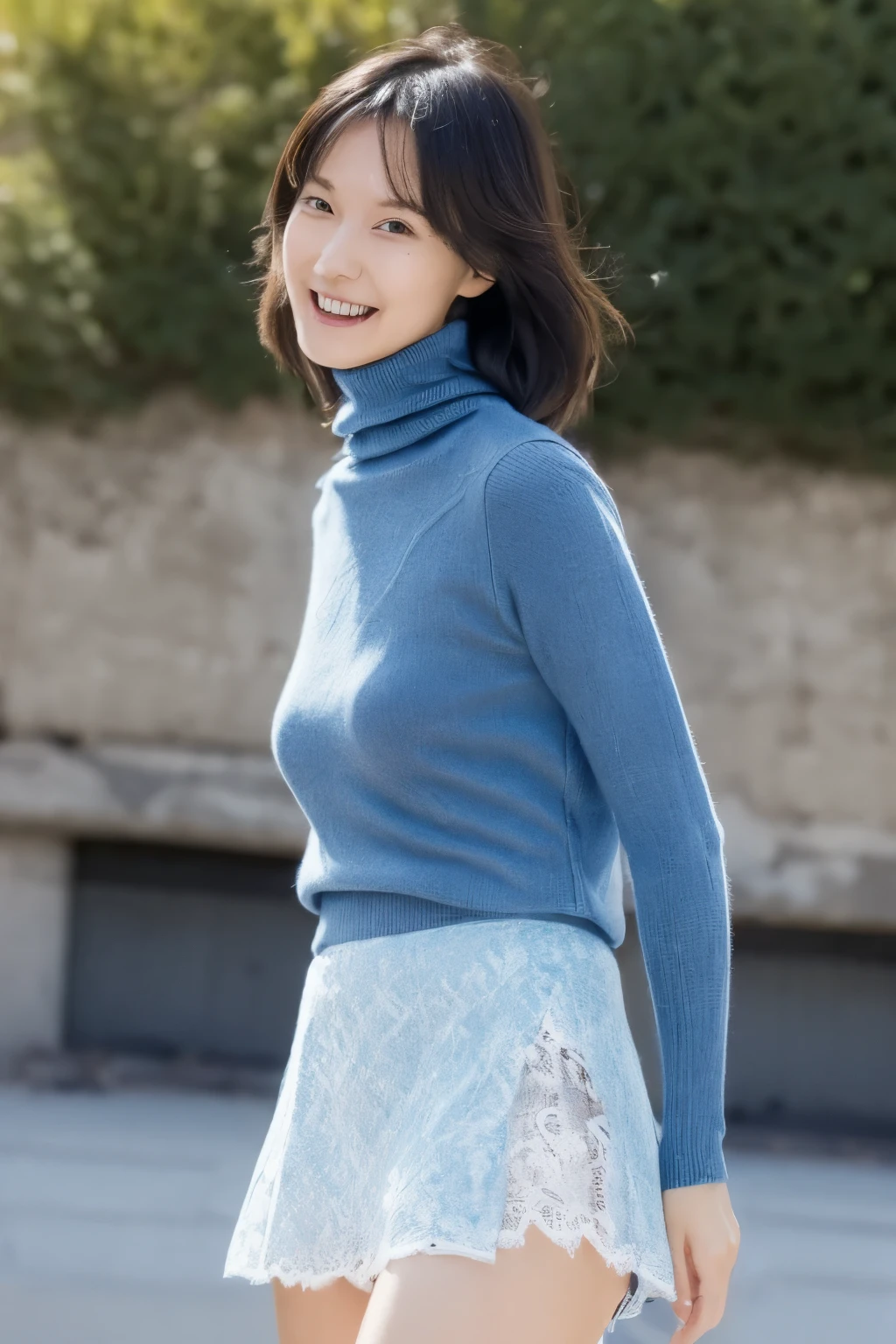 A close up of a woman in a blue sweater and a white skirt - SeaArt AI