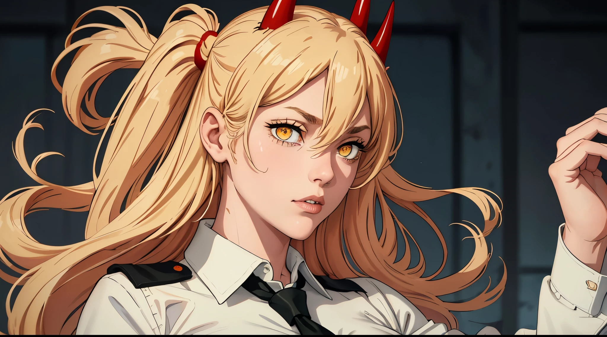 (best quality), (masterpiece), (solo), 1girl, power_csm, blonde hair, yellow eyes, cross-shaped pupils, symbol-shaped pupils, red horns, white buttoned shirt, blue jacket, black necktie,