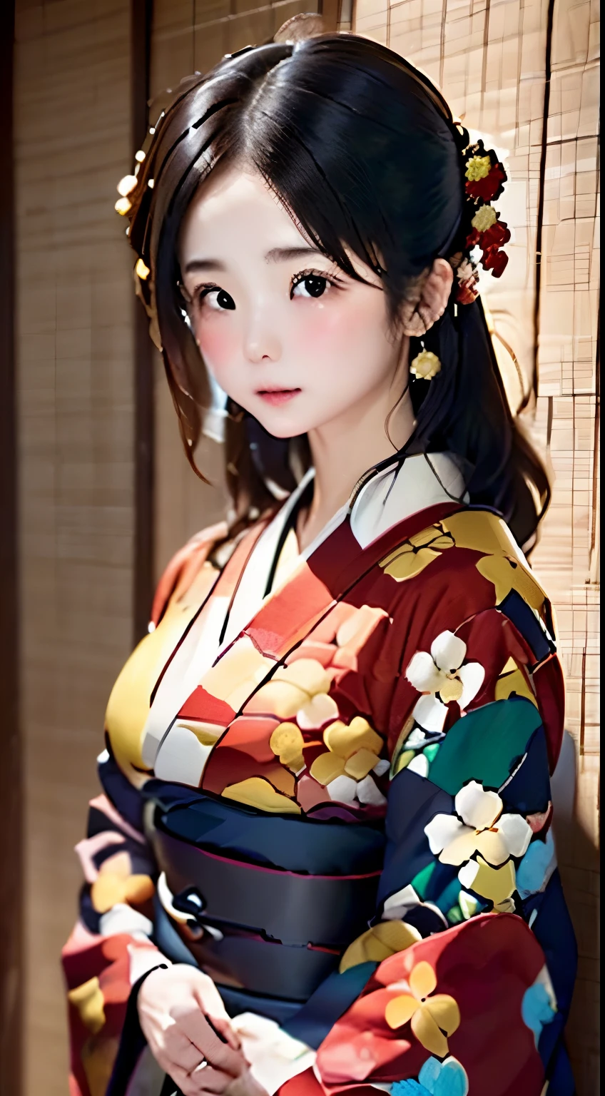 ((8k wallpaper of extremely detailed CG unit, ​masterpiece, hight resolution, top-quality, top-qualityのリアルテクスチャスキン)), ((a very beautiful woman, Detailed eyes、Plump lips, The upper part of the body, Japanese pattern haori,)), (messy black hair, de pele branca, Small),very correct posture、A heavy kimono with a beautiful pattern、Elegant kimono、 ((colorful wall with geometric pattern, Japanese pattern wall, , butterflys, florals)), hyper realisitic, digitial painting,