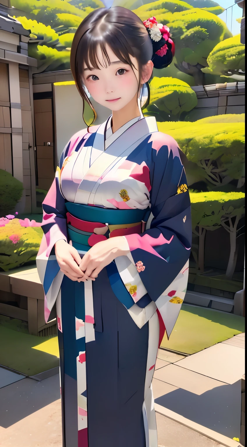 ((Fondo de pantalla de 8k de una unidad CG extremadamente detallada, ​obra maestra, alta resolución, de primera calidad, de primera calidadのリアルテクスチャスキン)), ((una mujer muy hermosa, ojos detallados、Labios gruesos, La parte superior del cuerpo, haori patrón japonés,)), (pelo negro desordenado, De piel blanca, pequeño),postura muy correcta、Un kimono pesado con un bonito estampado.、Elegant kimono、 ((pared colorida con patrón geométrico, pared de patrón japonés, , mariposas, florales)), hiperrealista, pintura digital,